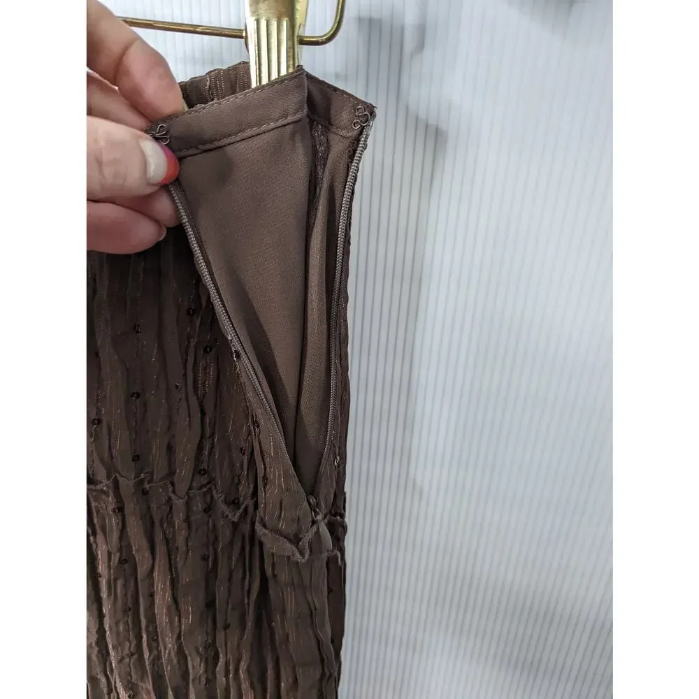Vintage Y2K Notations Maxi Skirt Brown Crinkle Pleat Metallic Thread with Sequin